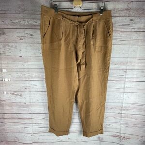 Loft Tan Linen Blend Tie Waist Tapered Leg Pants Cuffed Hem Sz 12 Boho Lagenlook
